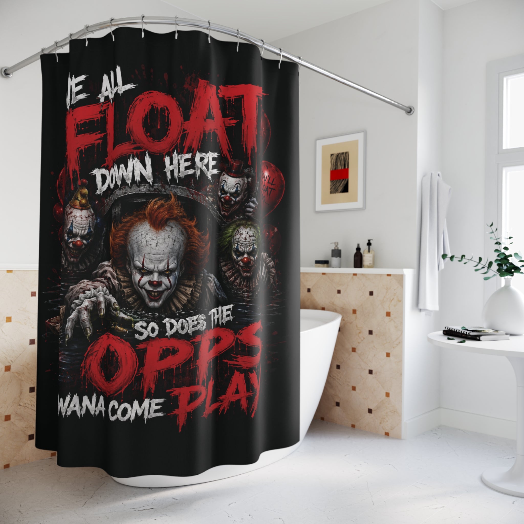 Horror Clown Shower Curtain — "We All Float Down Here" Scary Bathroom Decor