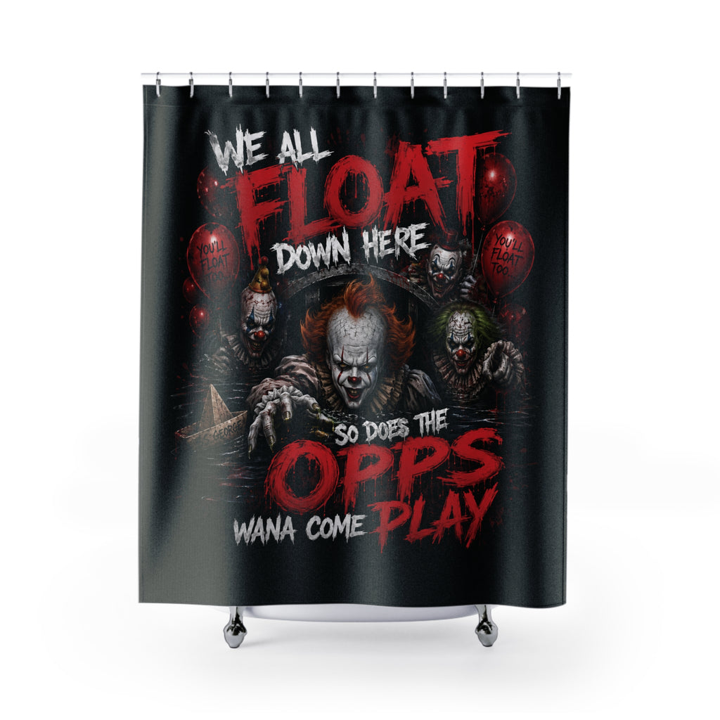 Horror Clown Shower Curtain — "We All Float Down Here" Scary Bathroom Decor