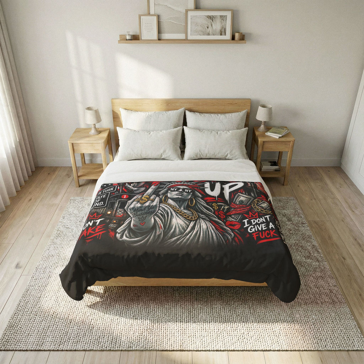 NYC 'Shut The F*ck Up' Cotton Comforter - Bold Graffiti Statue of Liberty Bedding