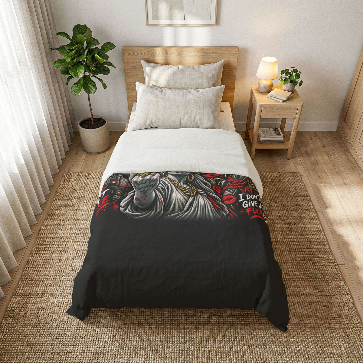 NYC 'Shut The F*ck Up' Cotton Comforter - Bold Graffiti Statue of Liberty Bedding