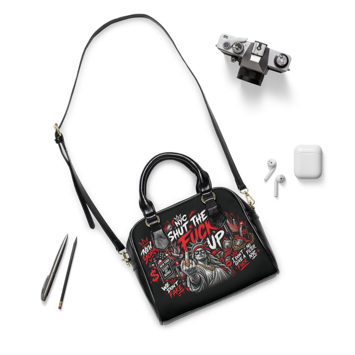 Shoulder Handbag — NYC Statue of Liberty Bold Graphic Purse with "Shut The F*** Up" Street Art Design