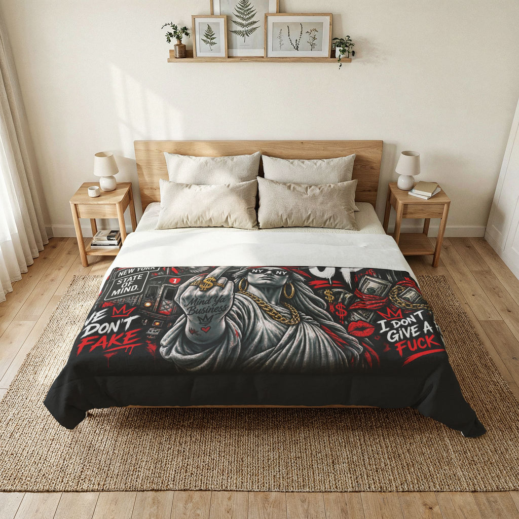 NYC 'Shut The F*ck Up' Cotton Comforter - Bold Graffiti Statue of Liberty Bedding