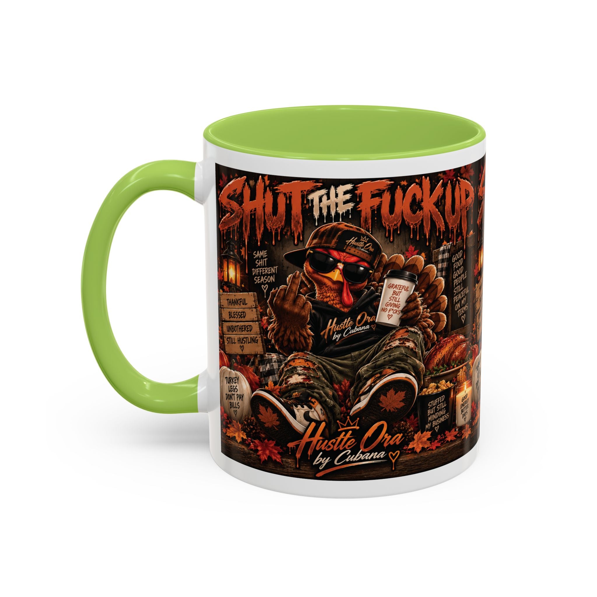 Cozy Thanksgiving Skull Coffee Mug – "Shut The F*** Up" Dark Humour Accent Mug (11/15oz)