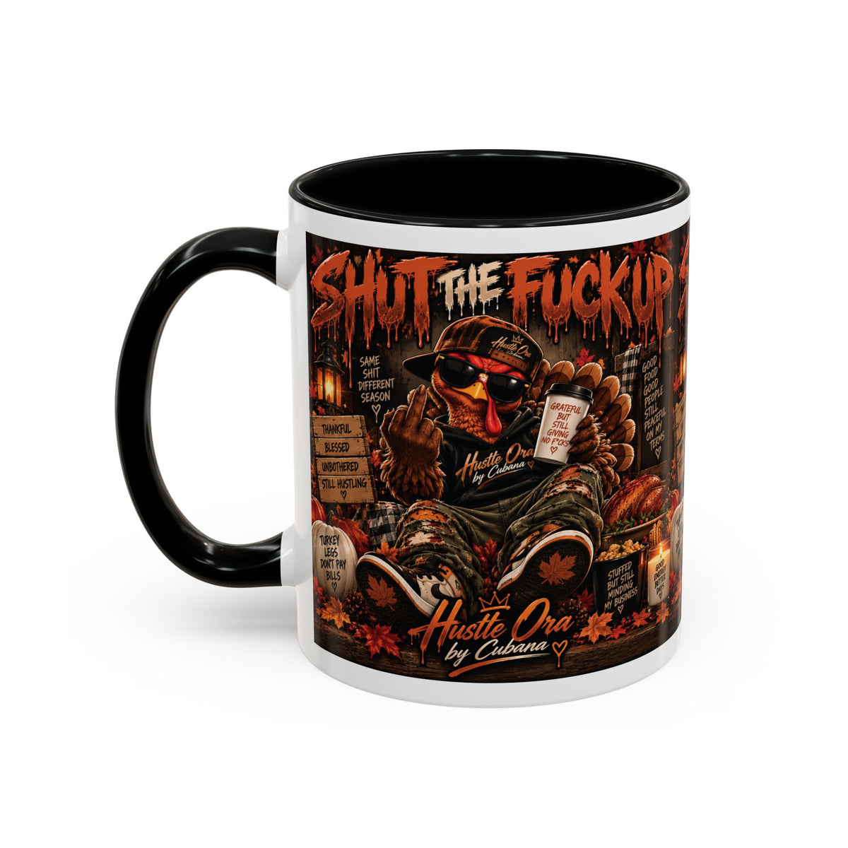Cozy Thanksgiving Skull Coffee Mug – "Shut The F*** Up" Dark Humour Accent Mug (11/15oz)