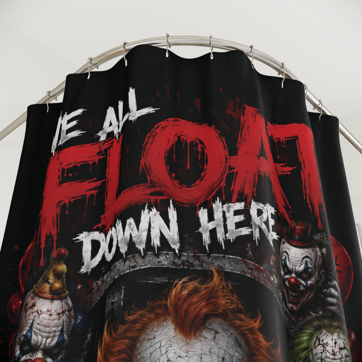 Horror Clown Shower Curtain — "We All Float Down Here" Scary Bathroom Decor