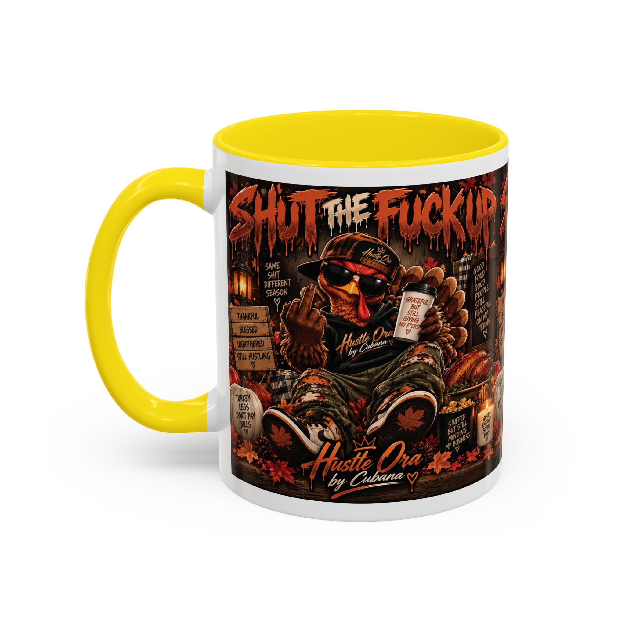 Cozy Thanksgiving Skull Coffee Mug – "Shut The F*** Up" Dark Humour Accent Mug (11/15oz)
