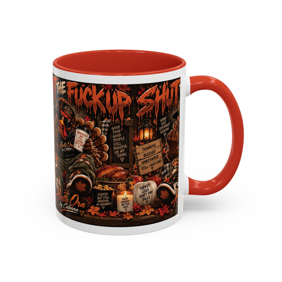Cozy Thanksgiving Skull Coffee Mug – "Shut The F*** Up" Dark Humour Accent Mug (11/15oz)