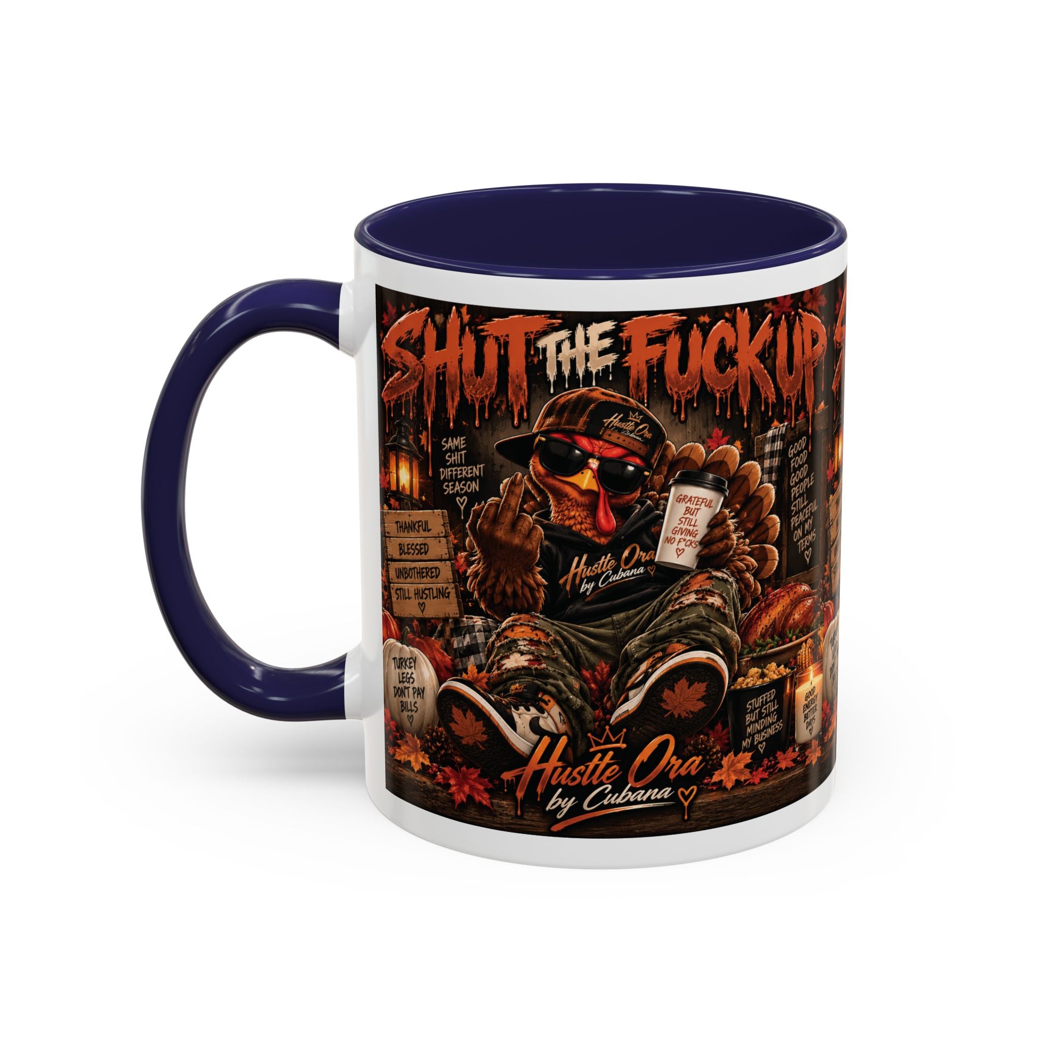 Cozy Thanksgiving Skull Coffee Mug – "Shut The F*** Up" Dark Humour Accent Mug (11/15oz)