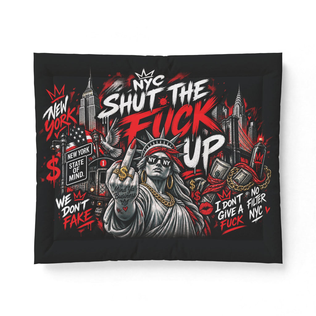 NYC 'Shut The F*ck Up' Cotton Comforter - Bold Graffiti Statue of Liberty Bedding