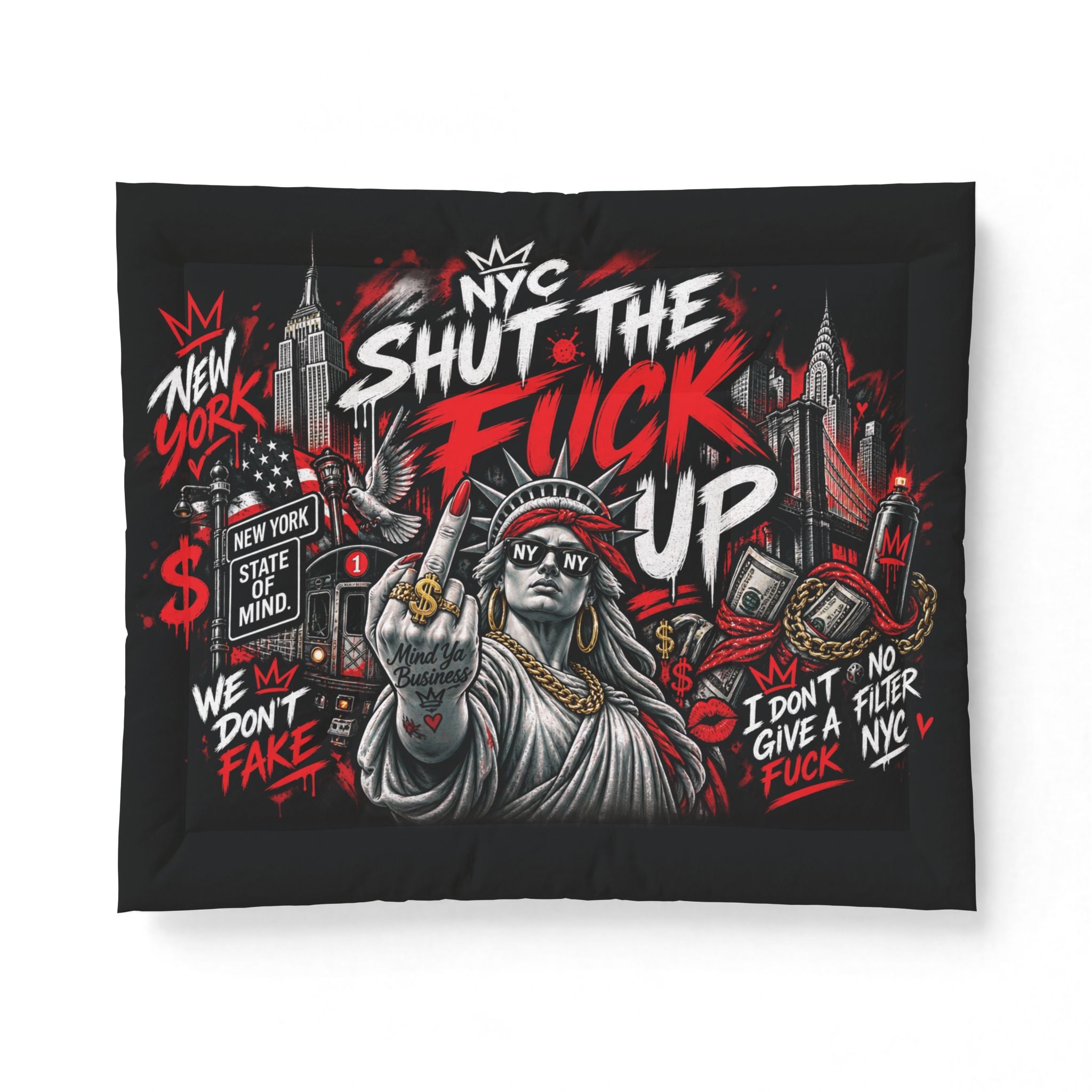 NYC 'Shut The F*ck Up' Cotton Comforter - Bold Graffiti Statue of Liberty Bedding