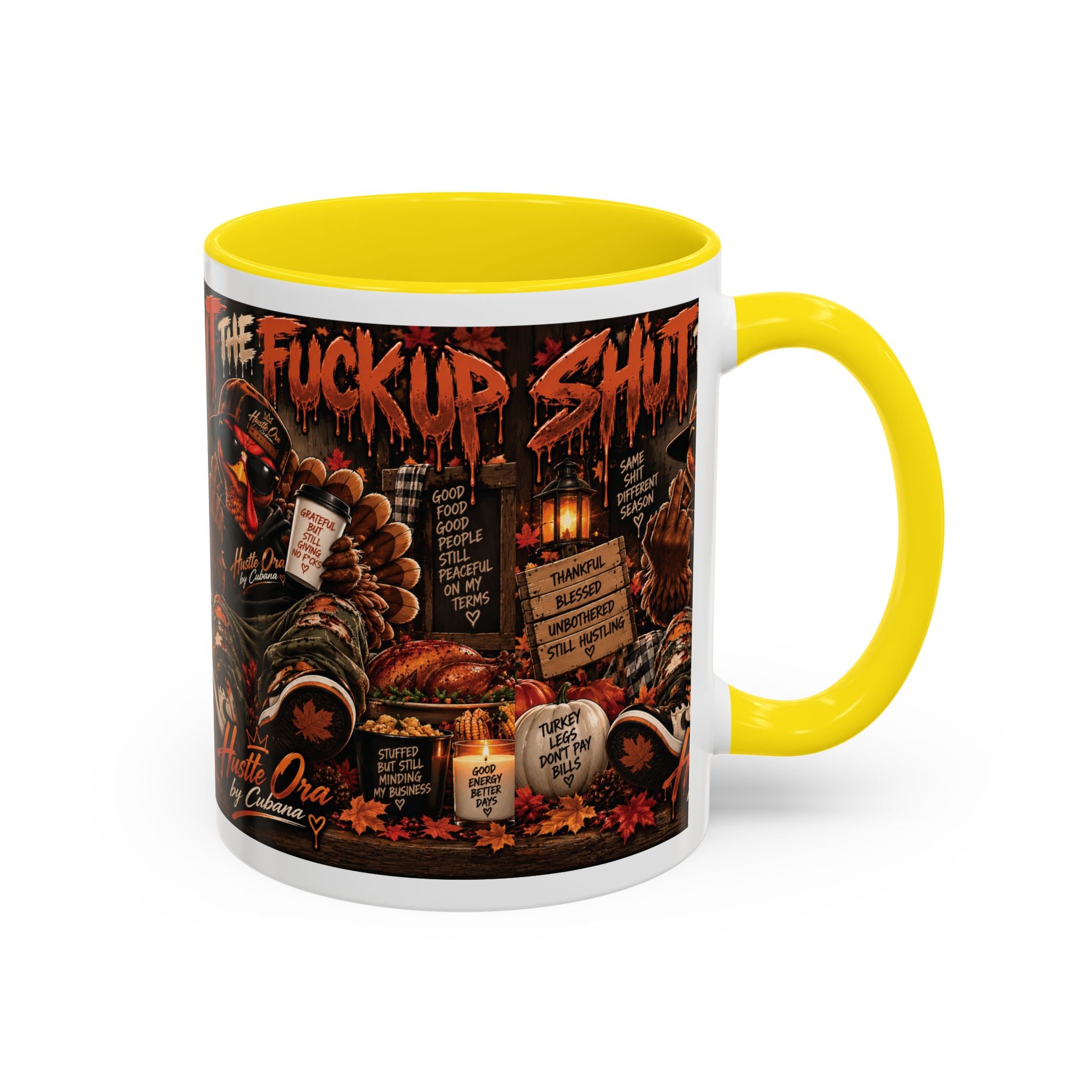 Cozy Thanksgiving Skull Coffee Mug – "Shut The F*** Up" Dark Humour Accent Mug (11/15oz)