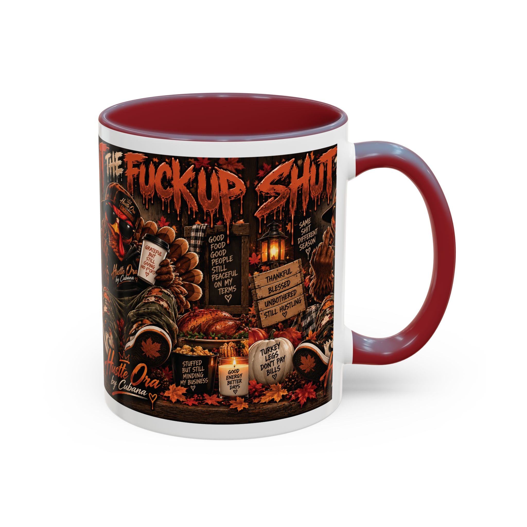 Cozy Thanksgiving Skull Coffee Mug – "Shut The F*** Up" Dark Humour Accent Mug (11/15oz)