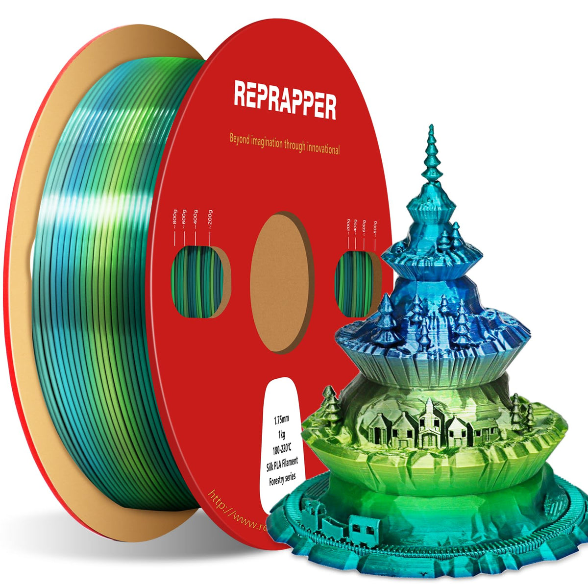 Reprapper 4X 250g Color Pack, Dual Color Filament Coextrusion PLA Filament 1.75mm for 3D Printer, 4 x 250g Spools Matte Red/Blue, Matte Purple/Green, Silk Red/Blue, Silk Purple/Green