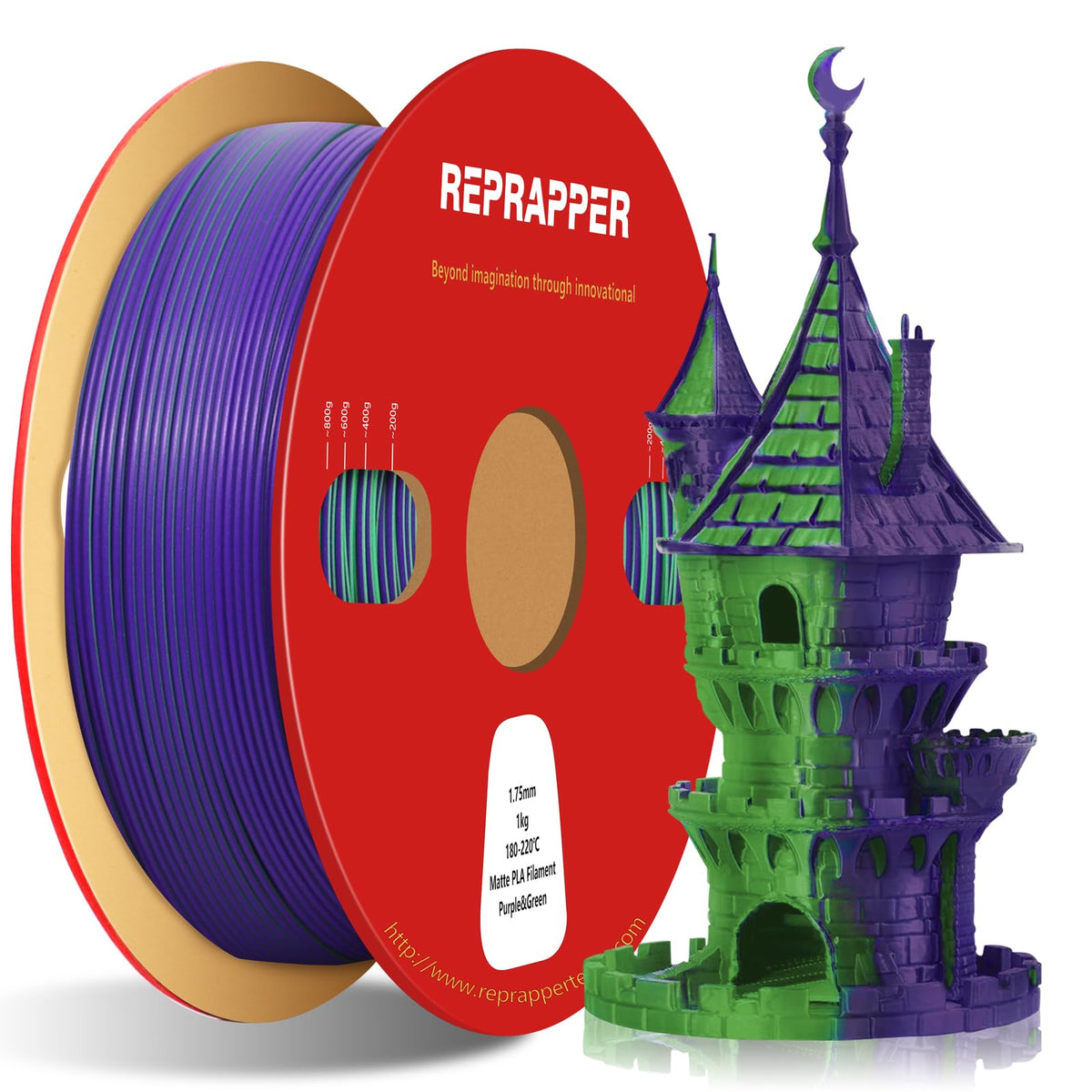Reprapper 4X 250g Color Pack, Dual Color Filament Coextrusion PLA Filament 1.75mm for 3D Printer, 4 x 250g Spools Matte Red/Blue, Matte Purple/Green, Silk Red/Blue, Silk Purple/Green