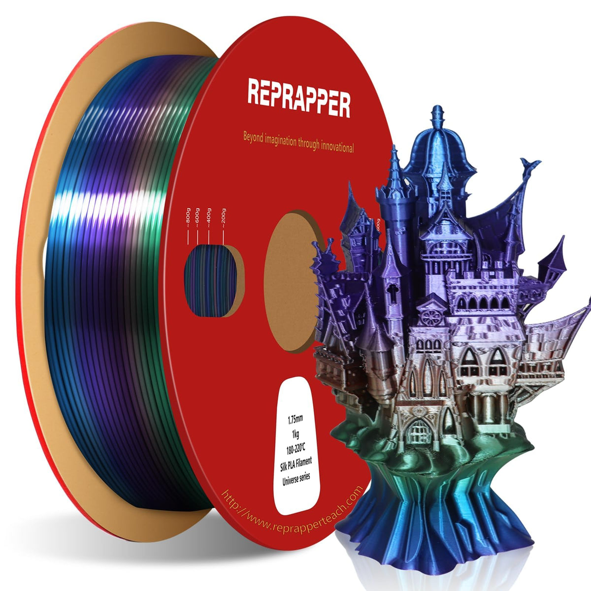 Reprapper 4X 250g Color Pack, Dual Color Filament Coextrusion PLA Filament 1.75mm for 3D Printer, 4 x 250g Spools Matte Red/Blue, Matte Purple/Green, Silk Red/Blue, Silk Purple/Green