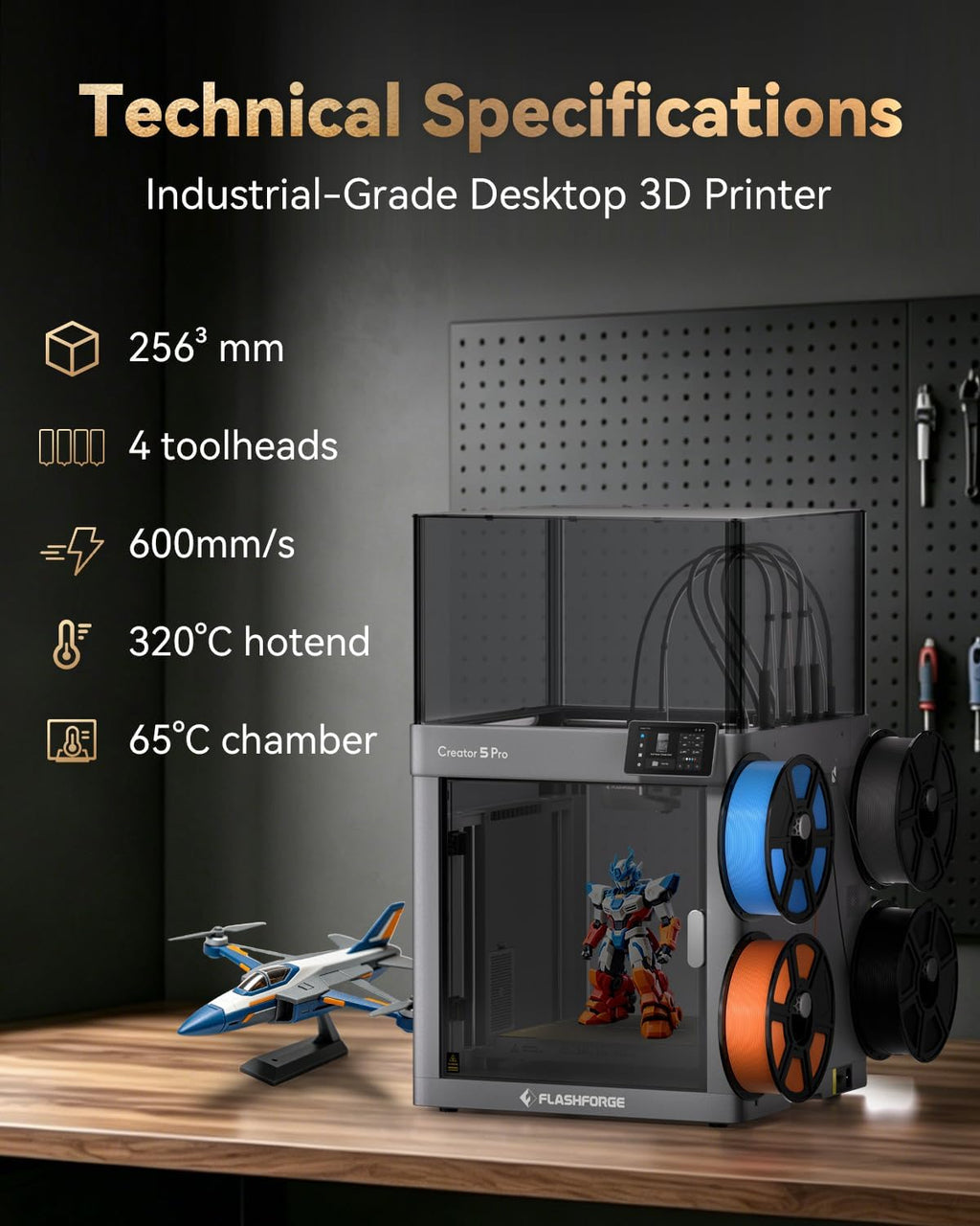 FLASHFORGE Creator 5 Pro Industrial 3D Printer, 65°C Active Heated Chamber, HEPA13 Air Filtration, 4-Extruder Independent System, 600mm/s High-Speed Printing, 256mm³Build Volume