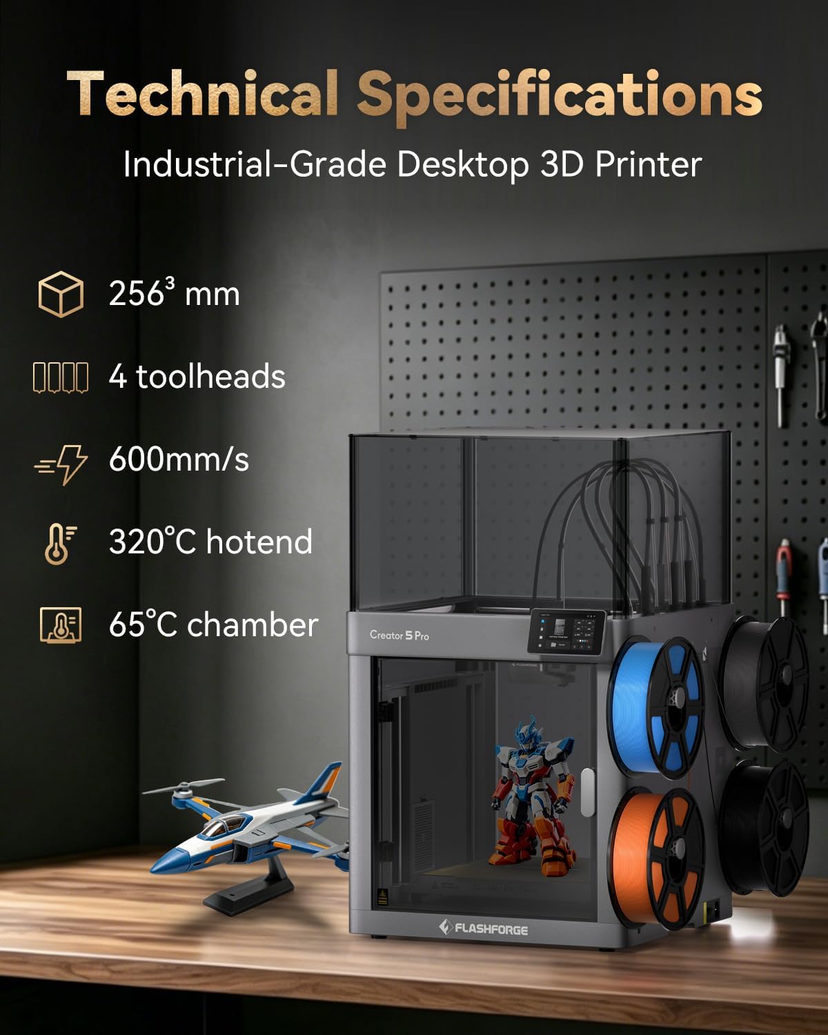 FLASHFORGE Creator 5 Pro Industrial 3D Printer, 65°C Active Heated Chamber, HEPA13 Air Filtration, 4-Extruder Independent System, 600mm/s High-Speed Printing, 256mm³Build Volume