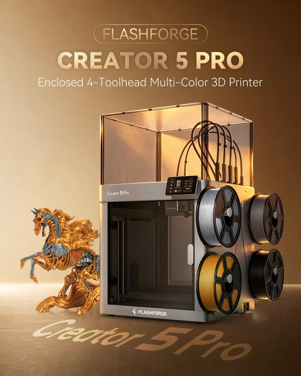 FLASHFORGE Creator 5 Pro Industrial 3D Printer, 65°C Active Heated Chamber, HEPA13 Air Filtration, 4-Extruder Independent System, 600mm/s High-Speed Printing, 256mm³Build Volume