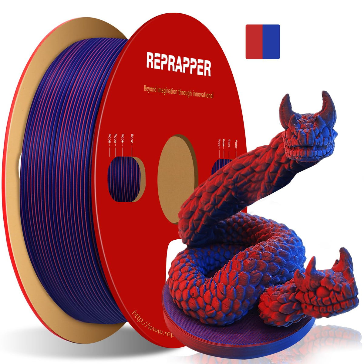 Reprapper 4X 250g Color Pack, Dual Color Filament Coextrusion PLA Filament 1.75mm for 3D Printer, 4 x 250g Spools Matte Red/Blue, Matte Purple/Green, Silk Red/Blue, Silk Purple/Green