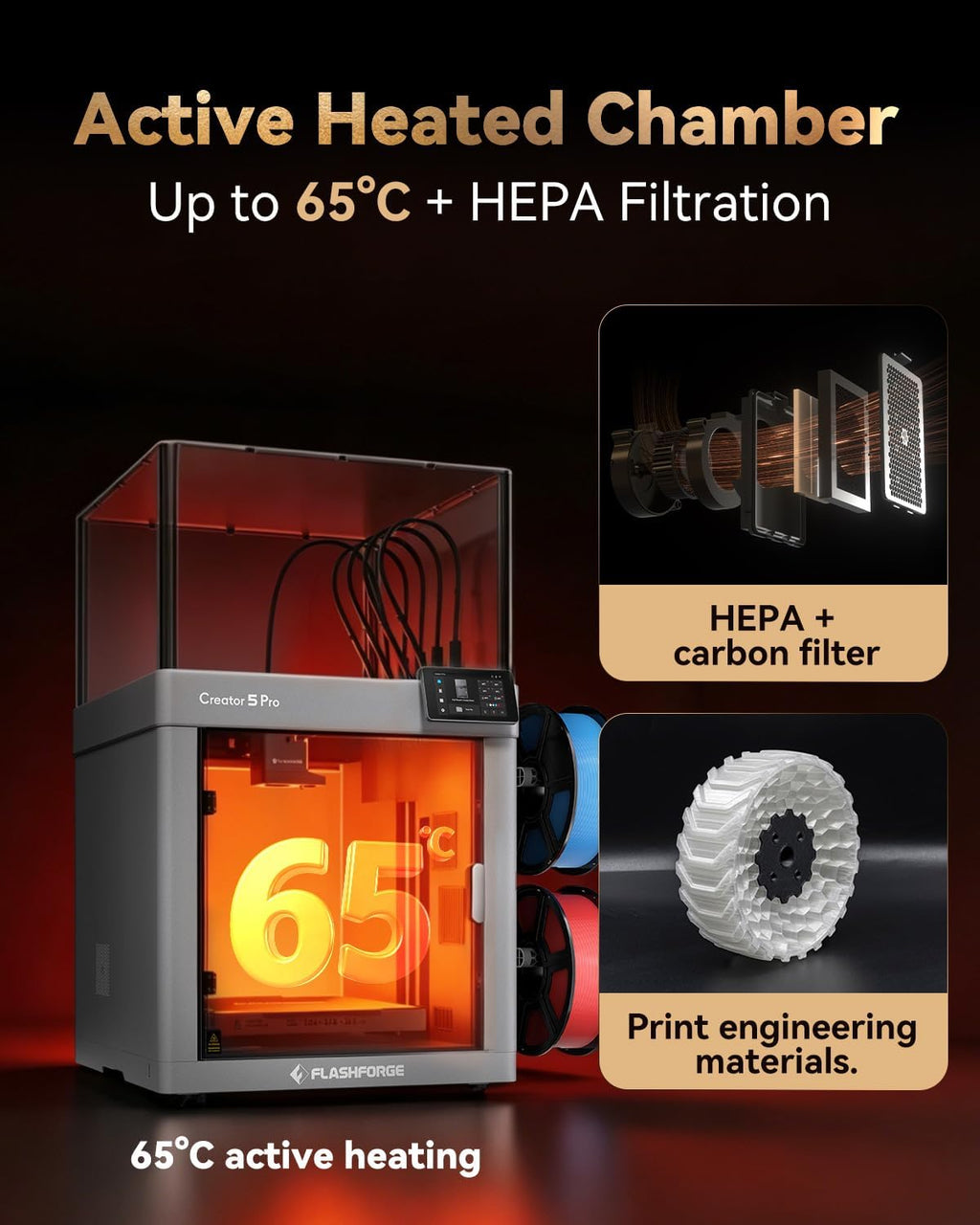 FLASHFORGE Creator 5 Pro Industrial 3D Printer, 65°C Active Heated Chamber, HEPA13 Air Filtration, 4-Extruder Independent System, 600mm/s High-Speed Printing, 256mm³Build Volume