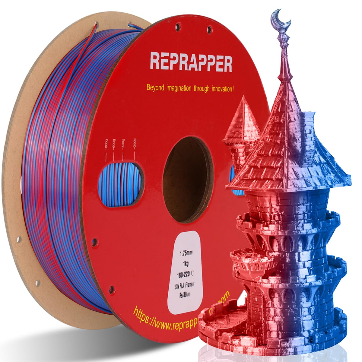 Reprapper 4X 250g Color Pack, Dual Color Filament Coextrusion PLA Filament 1.75mm for 3D Printer, 4 x 250g Spools Matte Red/Blue, Matte Purple/Green, Silk Red/Blue, Silk Purple/Green