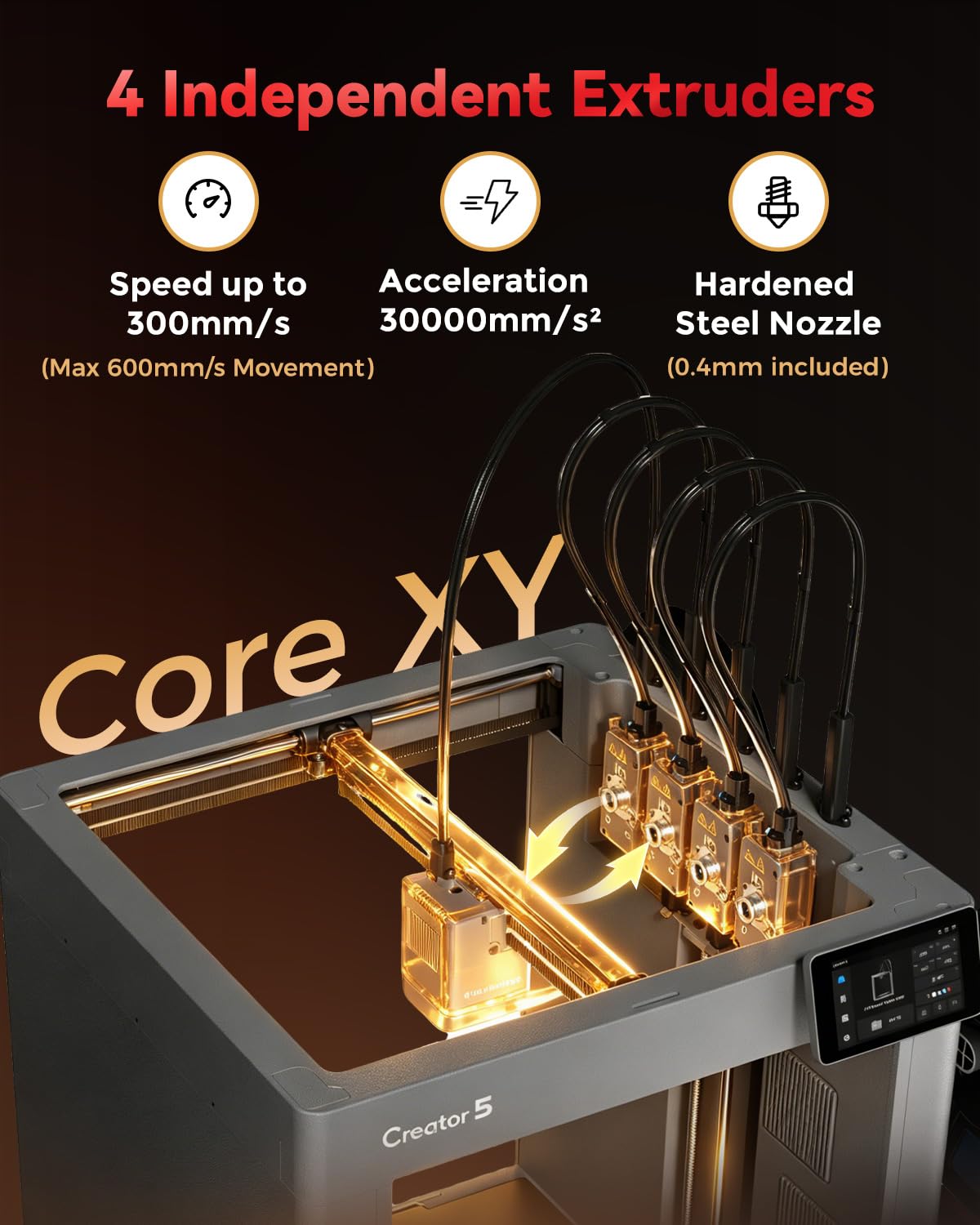 FLASHFORGE Creator 5 Pro Industrial 3D Printer, 65°C Active Heated Chamber, HEPA13 Air Filtration, 4-Extruder Independent System, 600mm/s High-Speed Printing, 256mm³Build Volume
