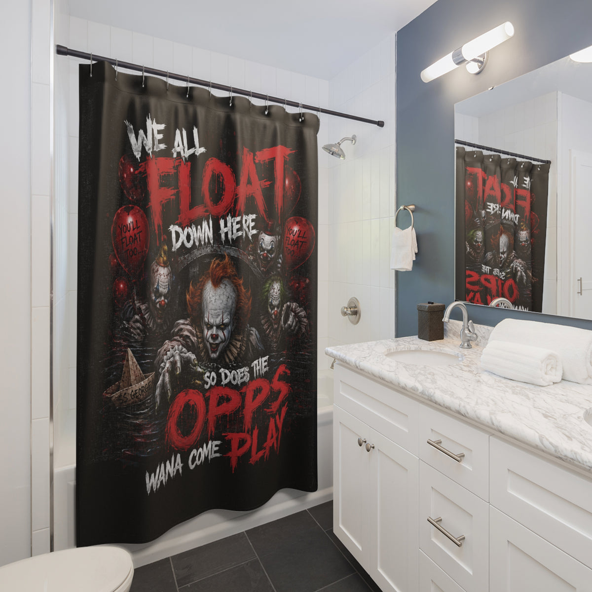 Horror Clown Shower Curtain — "We All Float Down Here" Scary Bathroom Decor