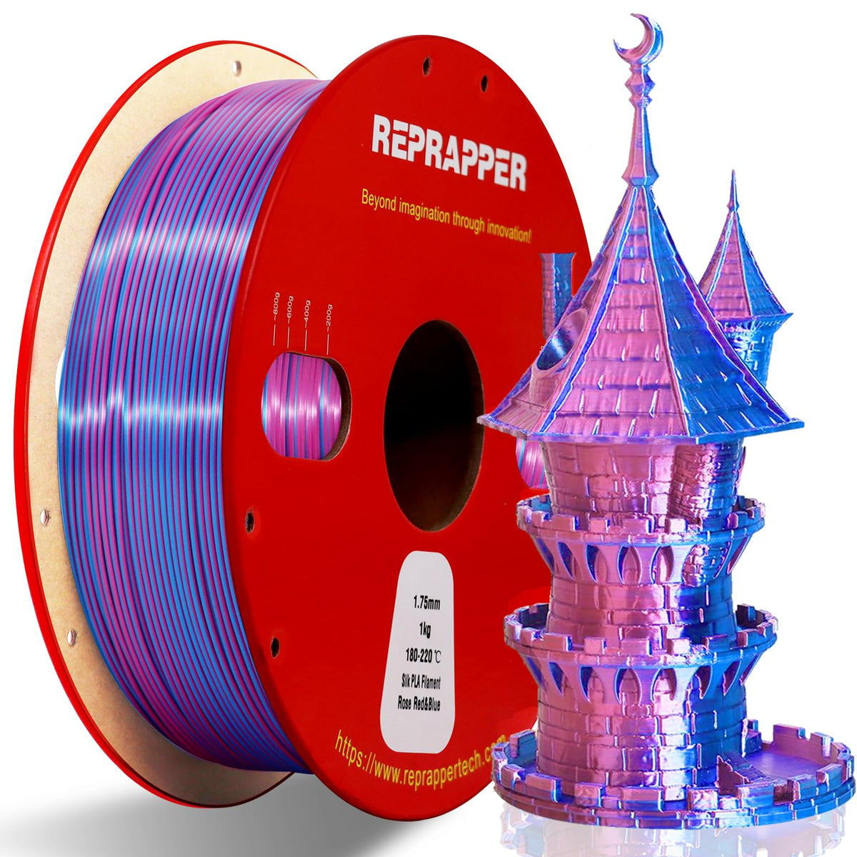 Reprapper 4X 250g Color Pack, Dual Color Filament Coextrusion PLA Filament 1.75mm for 3D Printer, 4 x 250g Spools Matte Red/Blue, Matte Purple/Green, Silk Red/Blue, Silk Purple/Green