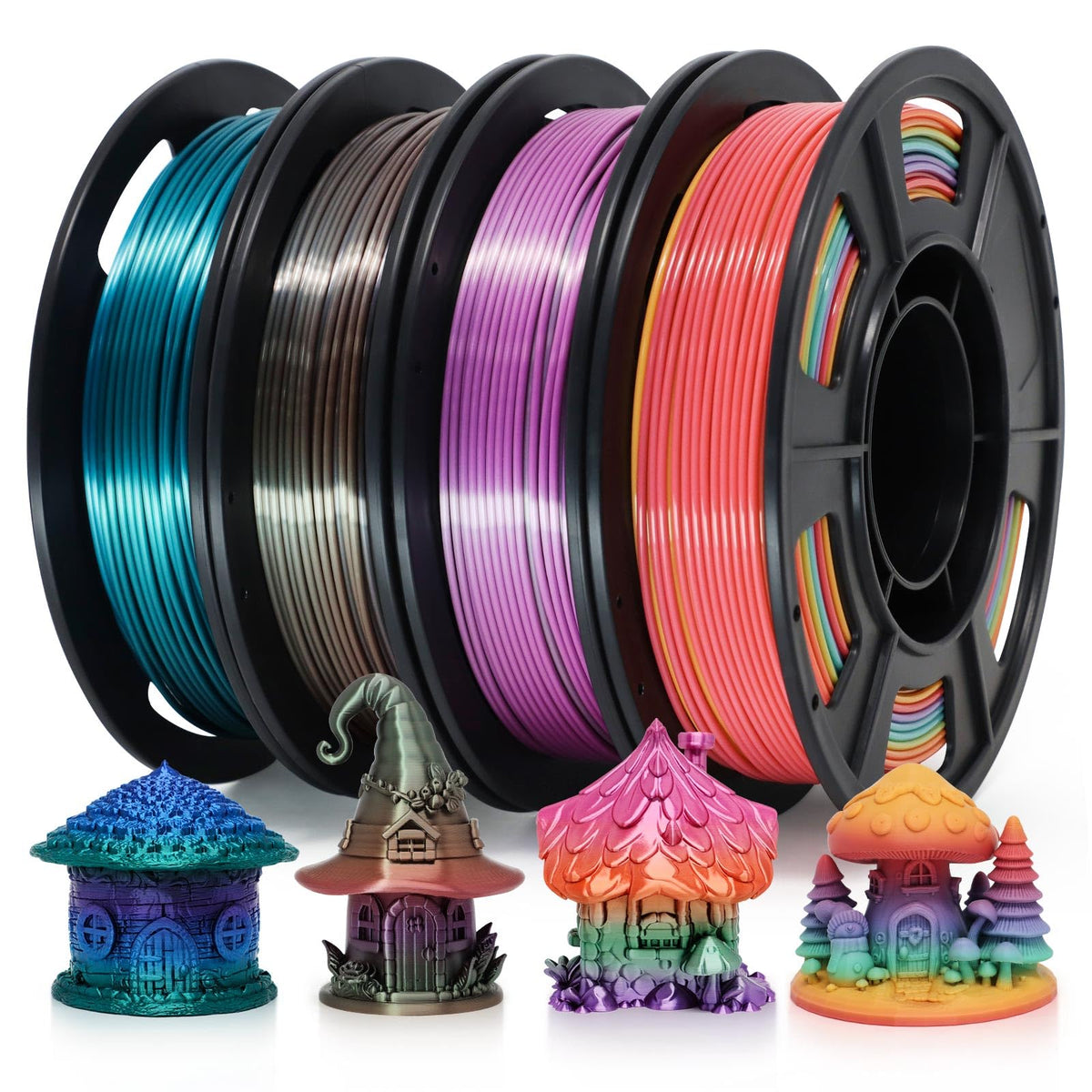 Reprapper 4X 250g Color Pack, Dual Color Filament Coextrusion PLA Filament 1.75mm for 3D Printer, 4 x 250g Spools Matte Red/Blue, Matte Purple/Green, Silk Red/Blue, Silk Purple/Green