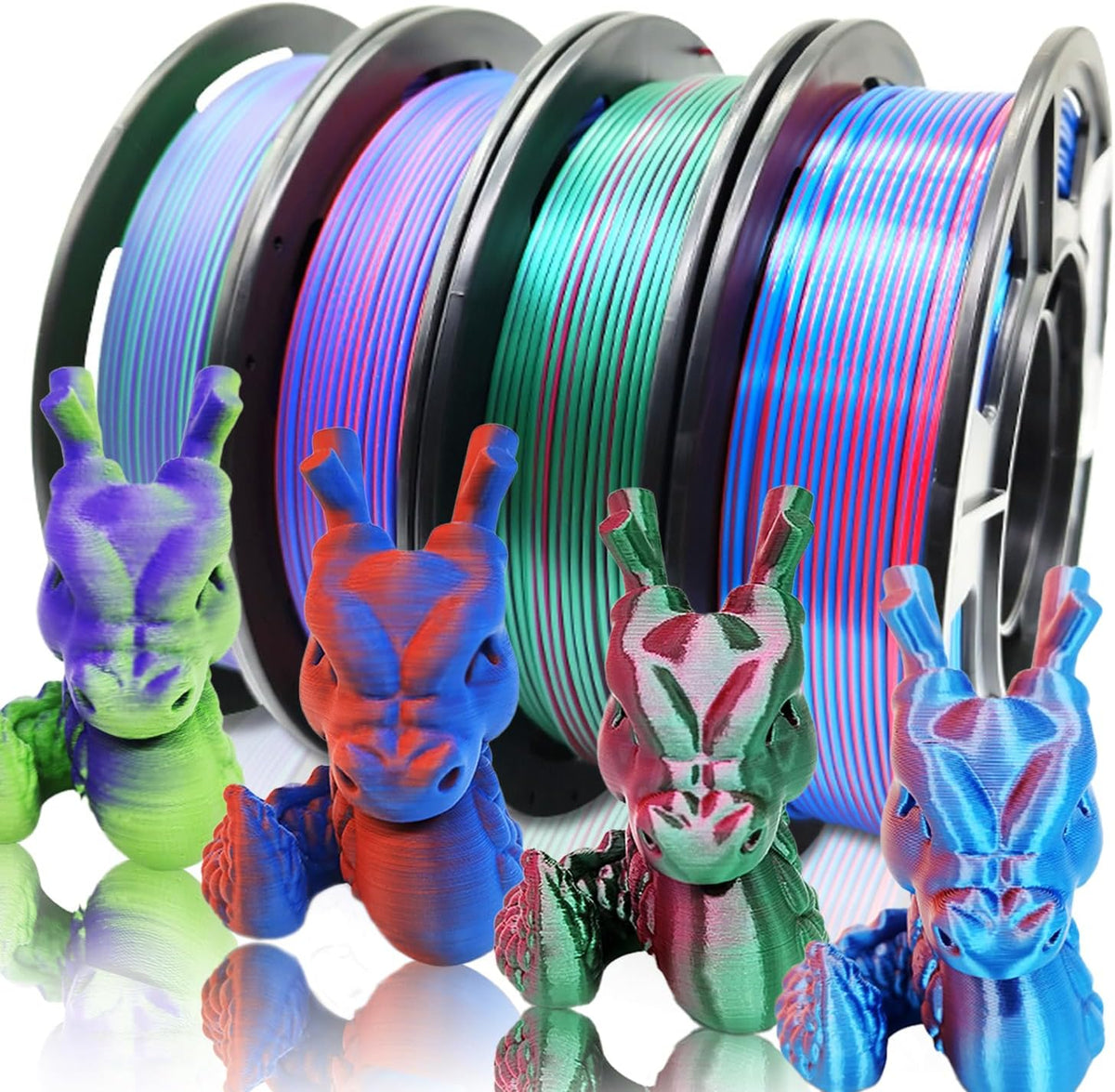Reprapper 4X 250g Color Pack, Dual Color Filament Coextrusion PLA Filament 1.75mm for 3D Printer, 4 x 250g Spools Matte Red/Blue, Matte Purple/Green, Silk Red/Blue, Silk Purple/Green