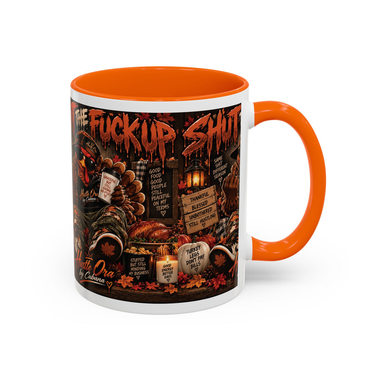 Cozy Thanksgiving Skull Coffee Mug – "Shut The F*** Up" Dark Humour Accent Mug (11/15oz)