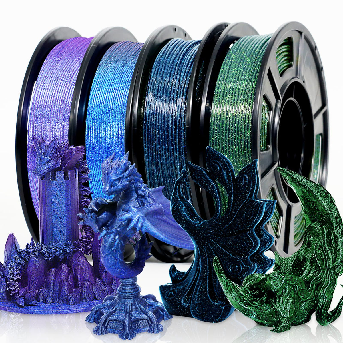 Reprapper 4X 250g Color Pack, Dual Color Filament Coextrusion PLA Filament 1.75mm for 3D Printer, 4 x 250g Spools Matte Red/Blue, Matte Purple/Green, Silk Red/Blue, Silk Purple/Green