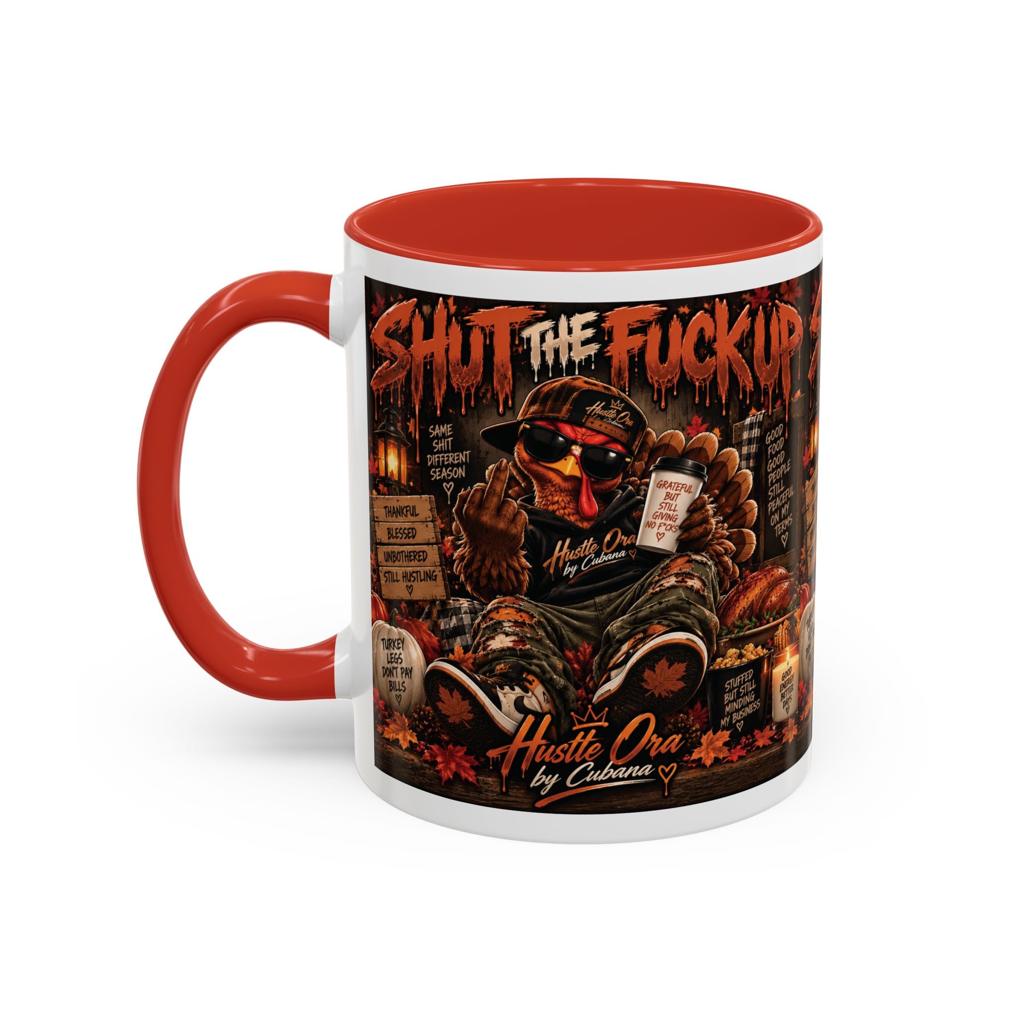 Cozy Thanksgiving Skull Coffee Mug – "Shut The F*** Up" Dark Humour Accent Mug (11/15oz)