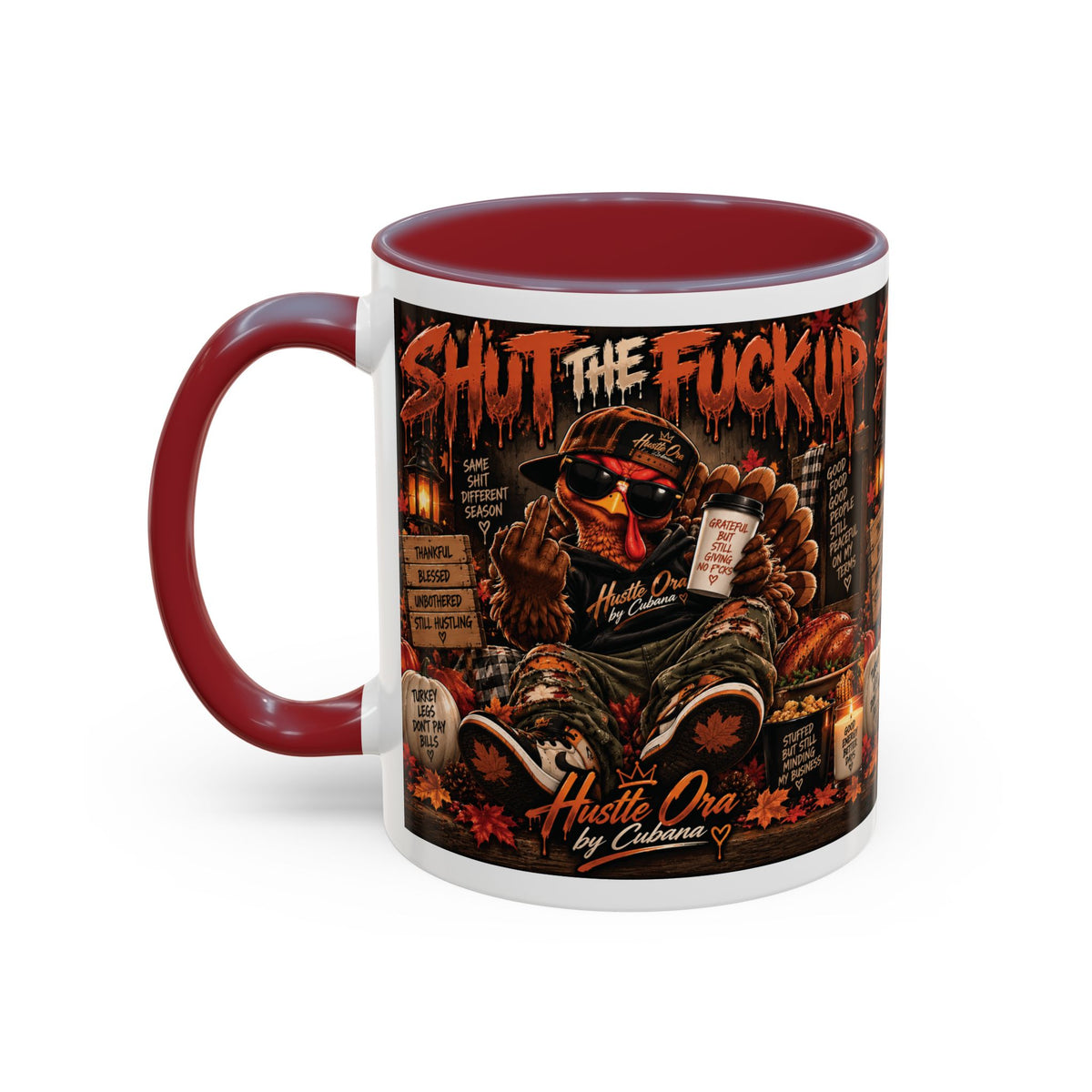 Cozy Thanksgiving Skull Coffee Mug – "Shut The F*** Up" Dark Humour Accent Mug (11/15oz)