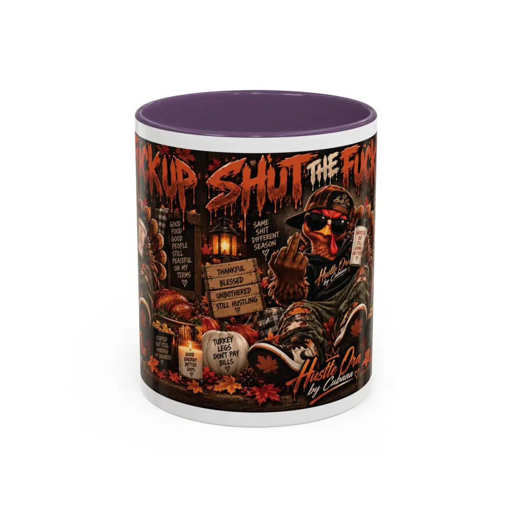 Cozy Thanksgiving Skull Coffee Mug – ’Shut The F*** Up’ Dark Humour Accent Mug (11/15oz) - Purple / 11oz - Mug