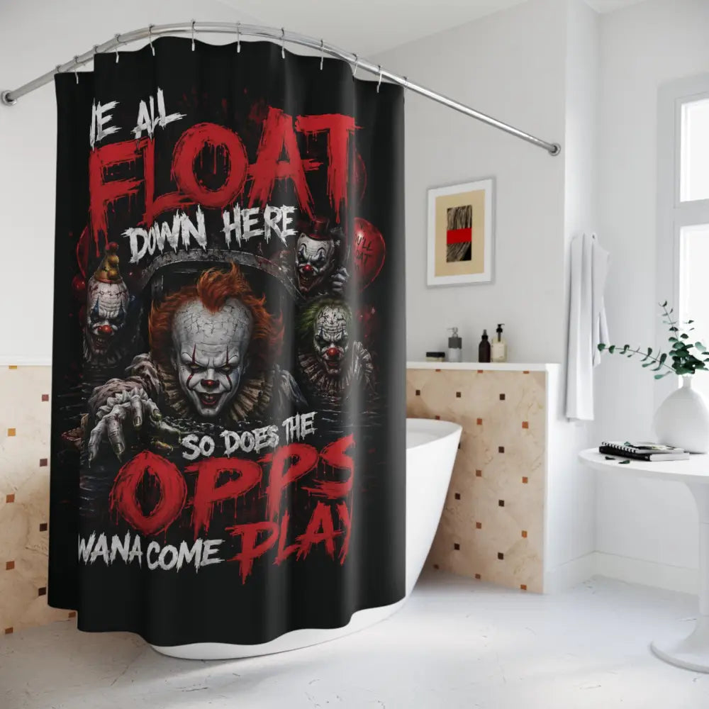 Horror Clown Shower Curtain, ’We All Float Down Here’ Scary Bathroom Decor - 71’’ × 74’’ - Home Decor