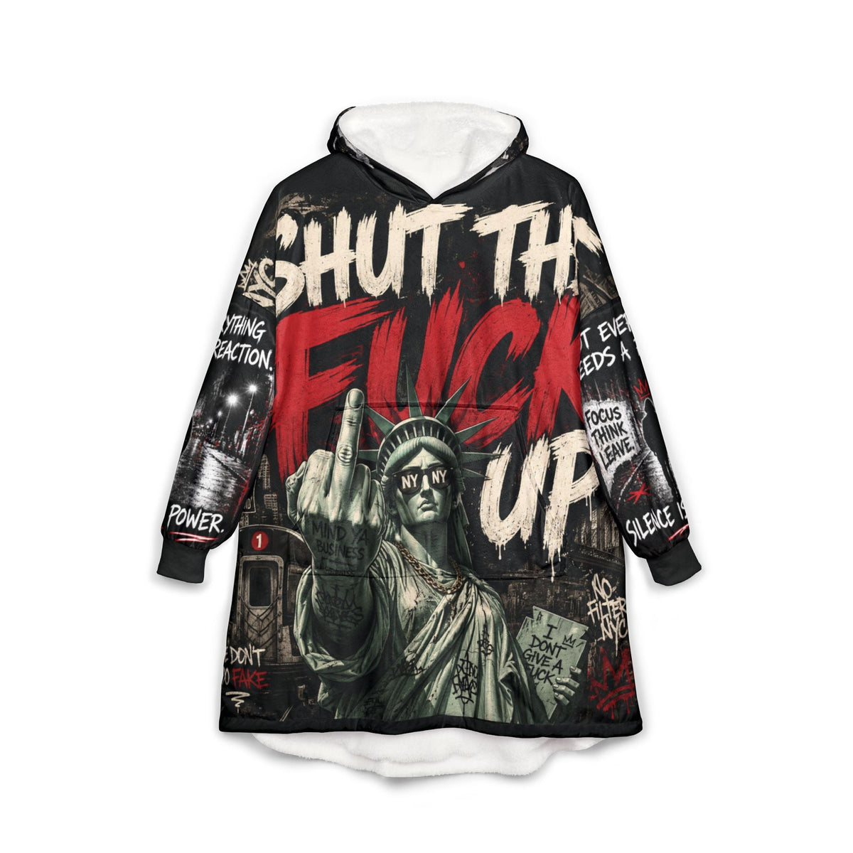 Liberty Rebel Hooded Blanket, Statue of Liberty ’Shut The F*** Up’ Graphic - One size / Black - All Over Prints