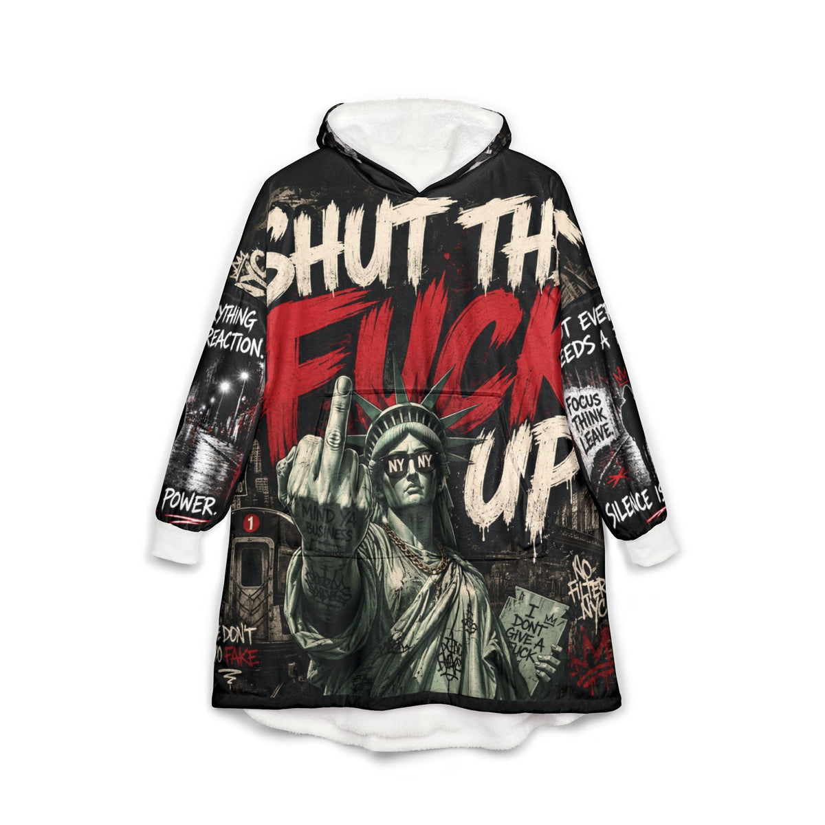 Liberty Rebel Hooded Blanket, Statue of Liberty ’Shut The F*** Up’ Graphic - One size / White - All Over Prints