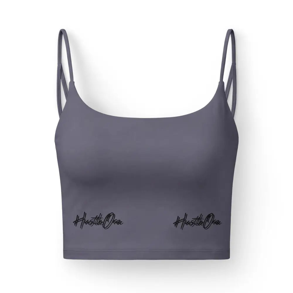 Luxe Crop Bra, Heathered Slate Strappy Sports Bralette with ’Hustle On’ Script - XS / Charcoal - Tank Top