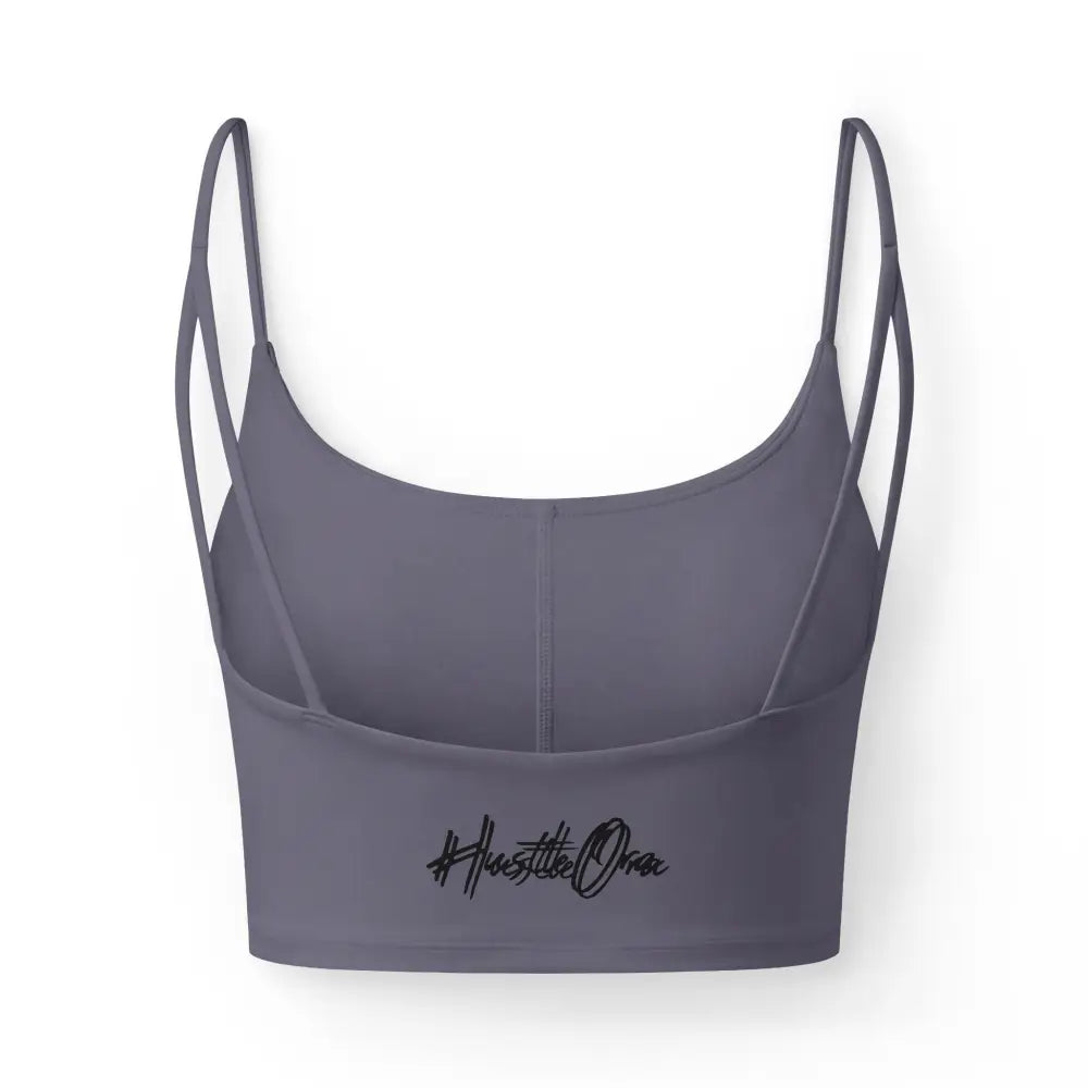 Luxe Crop Bra, Heathered Slate Strappy Sports Bralette with ’Hustle On’ Script - Tank Top