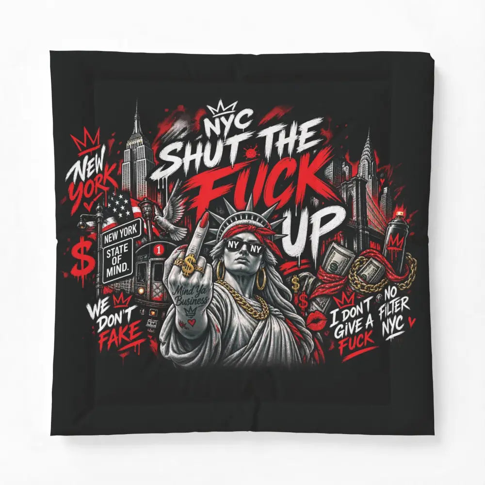 NYC ’Shut The F*ck Up’ Cotton Comforter - Bold Graffiti Statue of Liberty Bedding - 88’’ x 88’’ - Home Decor
