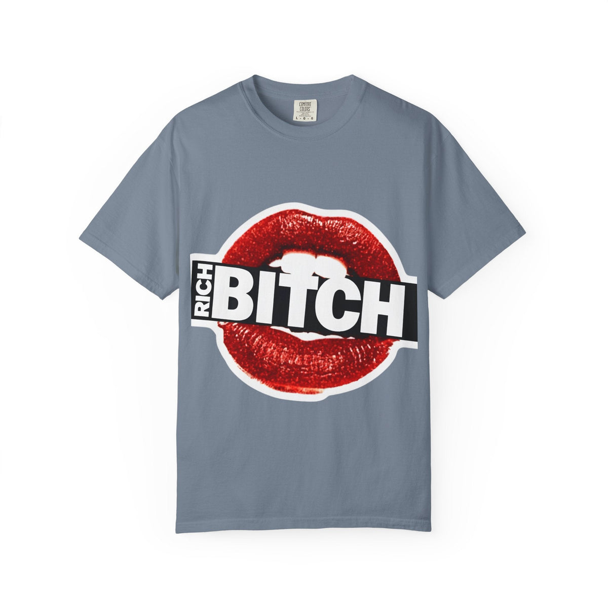 Rich BITCH Graphic T-Shirt, Red Lip Kiss Statement Tee - Blue Jean / S - T-Shirt