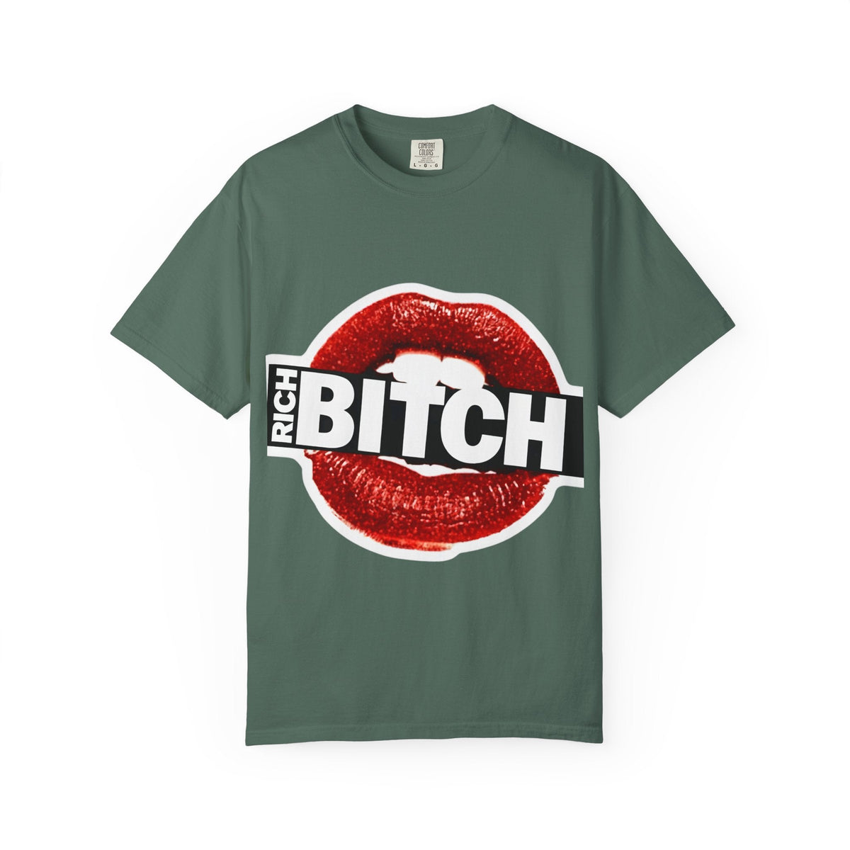 Rich BITCH Graphic T-Shirt, Red Lip Kiss Statement Tee - Blue Spruce / S - T-Shirt