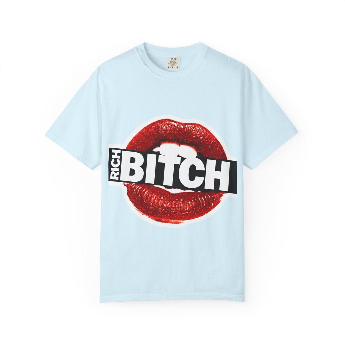 Rich BITCH Graphic T-Shirt, Red Lip Kiss Statement Tee - Chambray / S - T-Shirt