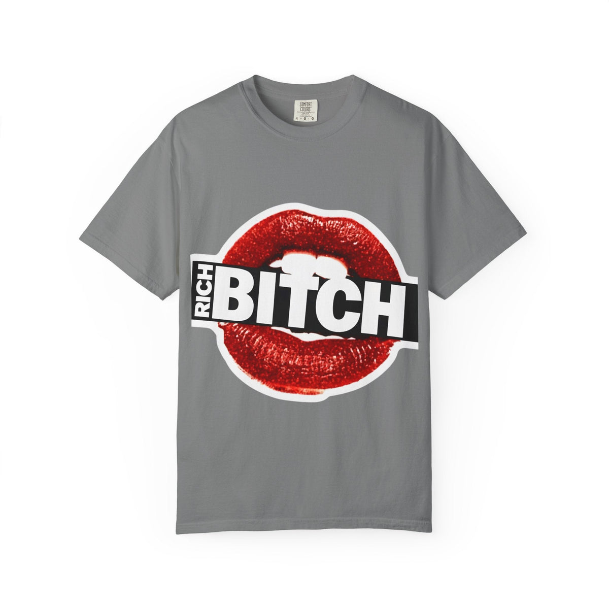 Rich BITCH Graphic T-Shirt, Red Lip Kiss Statement Tee - Grey / S - T-Shirt