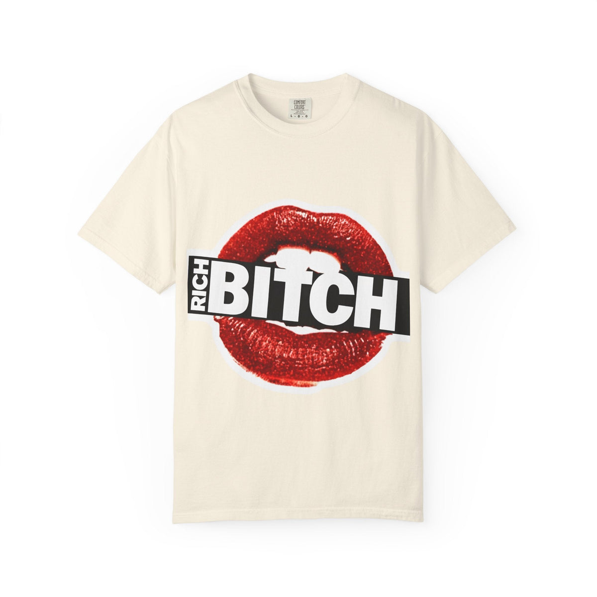 Rich BITCH Graphic T-Shirt, Red Lip Kiss Statement Tee - Ivory / L - T-Shirt