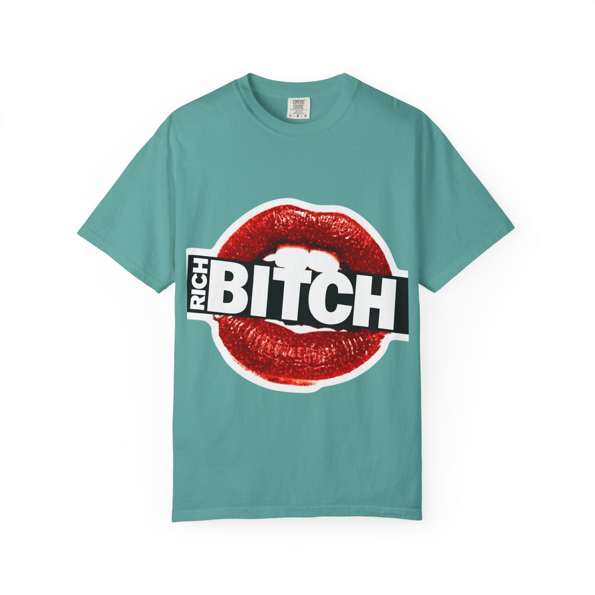 Rich BITCH Graphic T-Shirt, Red Lip Kiss Statement Tee - Seafoam / S - T-Shirt