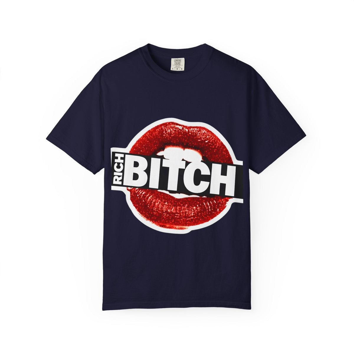 Rich BITCH Graphic T-Shirt, Red Lip Kiss Statement Tee - True Navy / S - T-Shirt